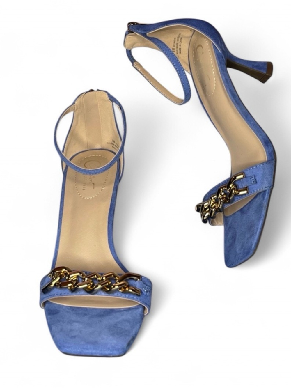 Women’s C Est. 1946 Open Square Toe Gold Chain Jewelry Ankle Strap Heels Size 8